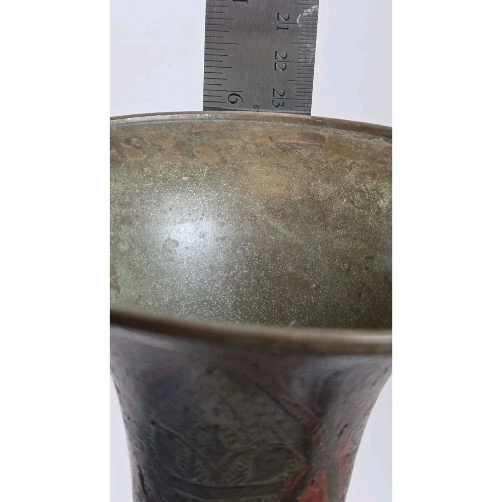 Vintage Brass Etched & Hand Painted Trumpet Styled Vase Made in‎ India